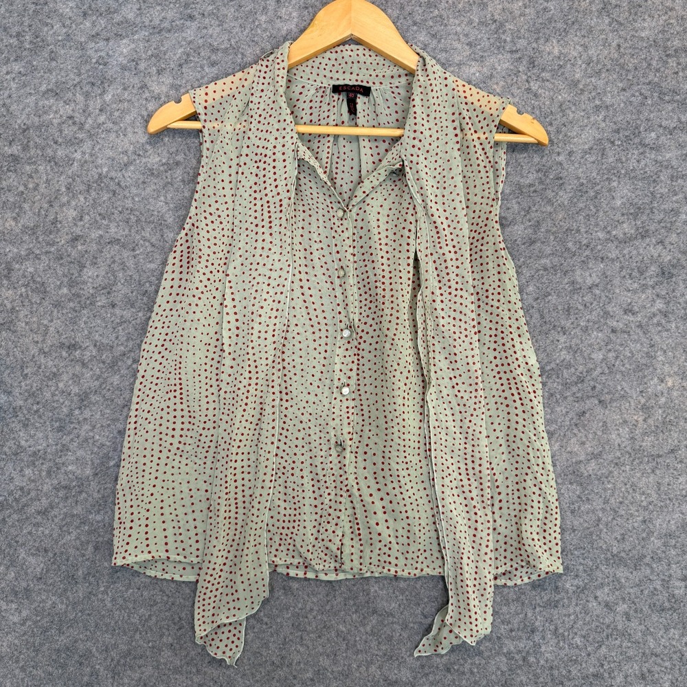 Escada Silk Blouse Womens 40 Polka Dot Lightweight Button Front Tie Designer Top
